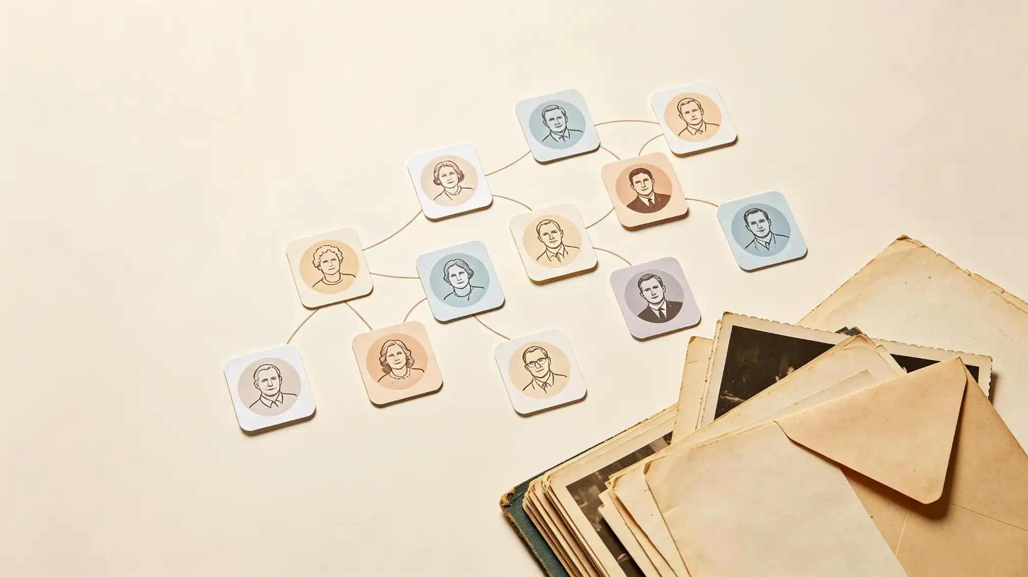 Family history scrapbook with old photographs and handwritten notes