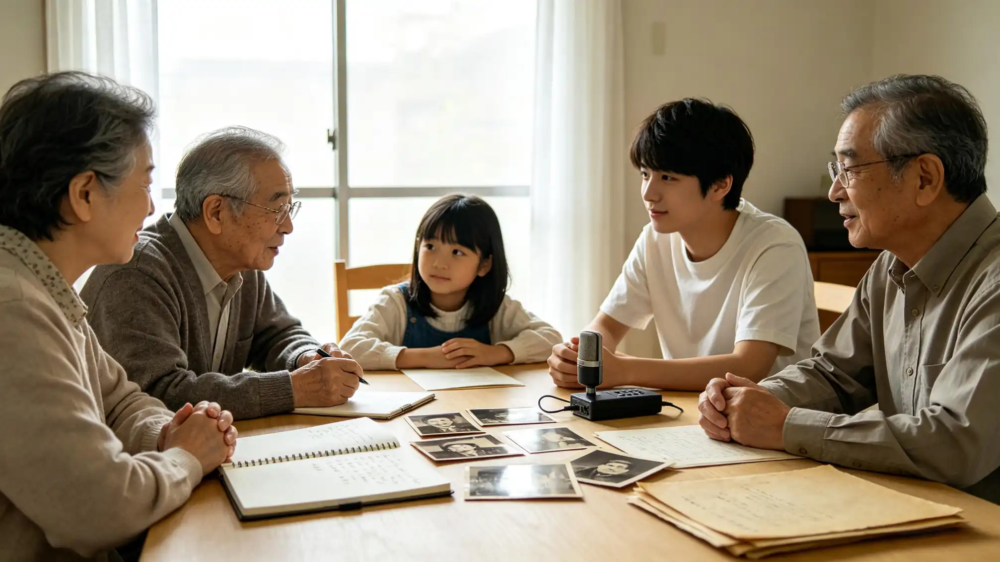 A grandparent and grandchild talking together while recording family history