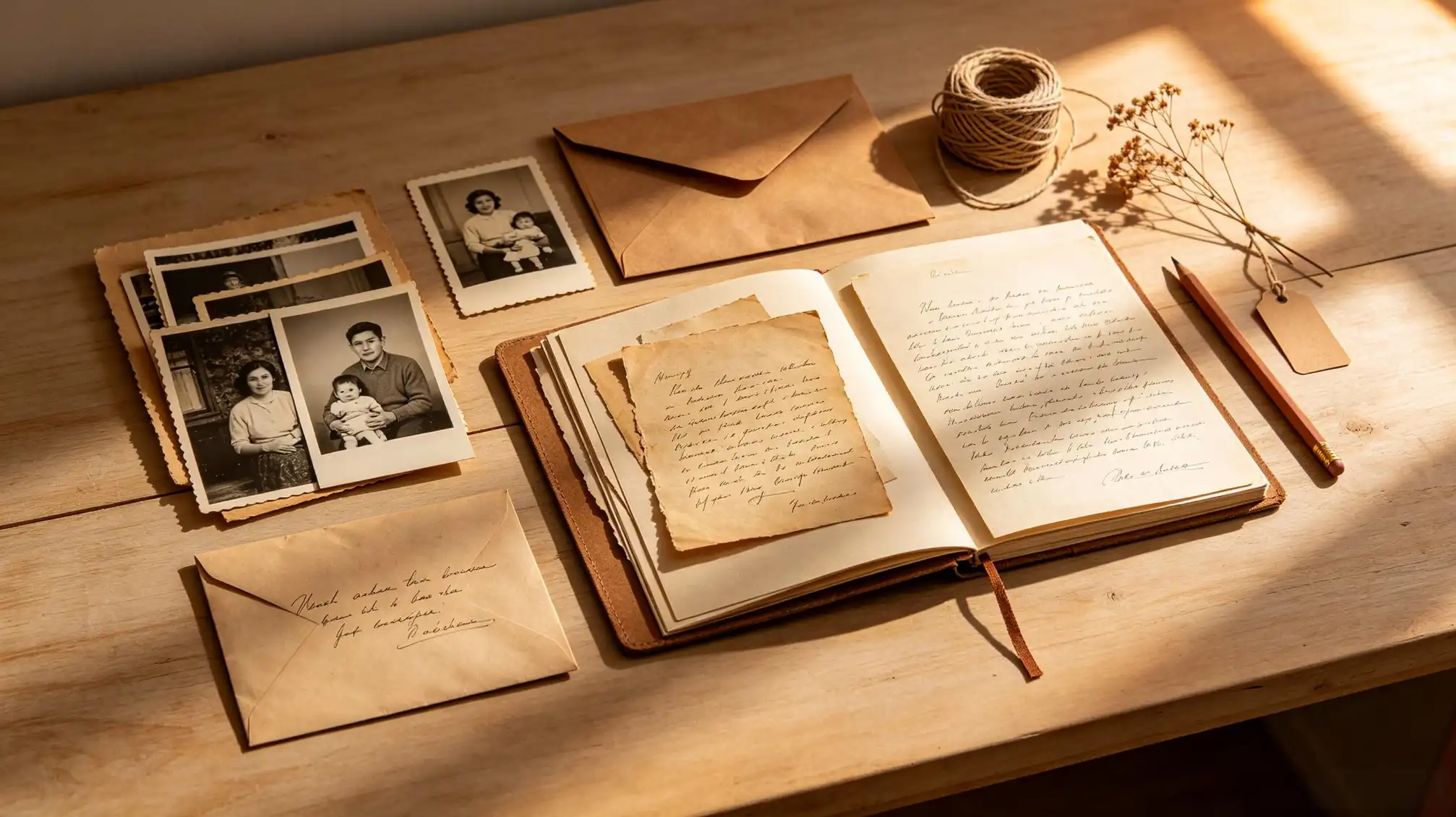 Old family photos spread on a table for sorting and preservation
