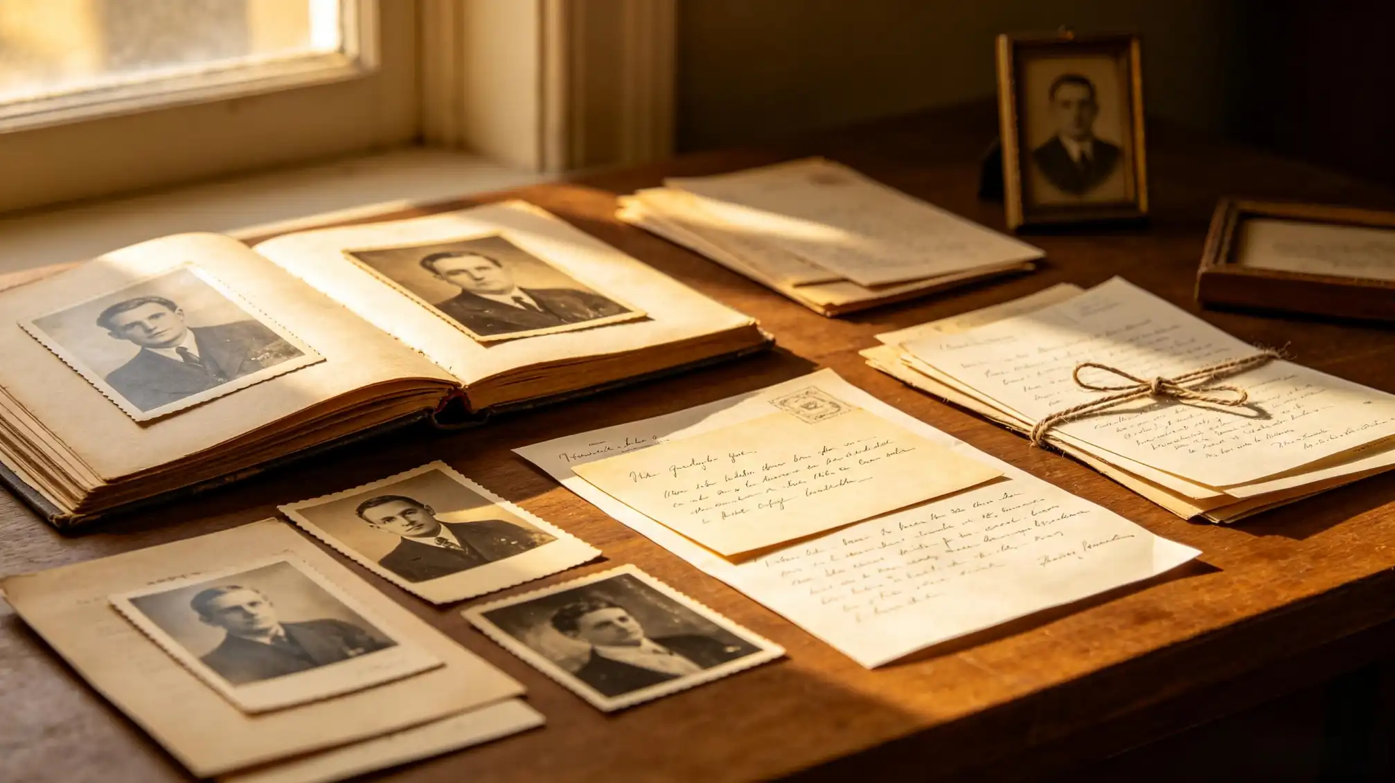 Old family photographs and handwritten documents used for tracing ancestors