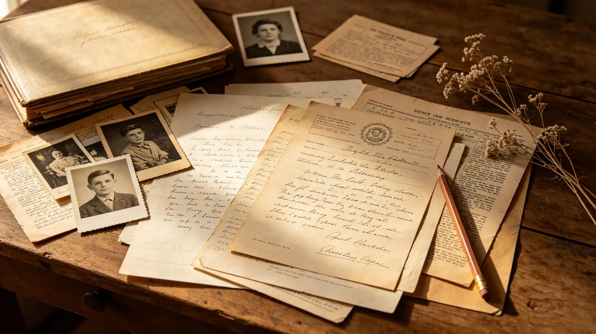 Old family photographs spread on a table to help trace ancestors