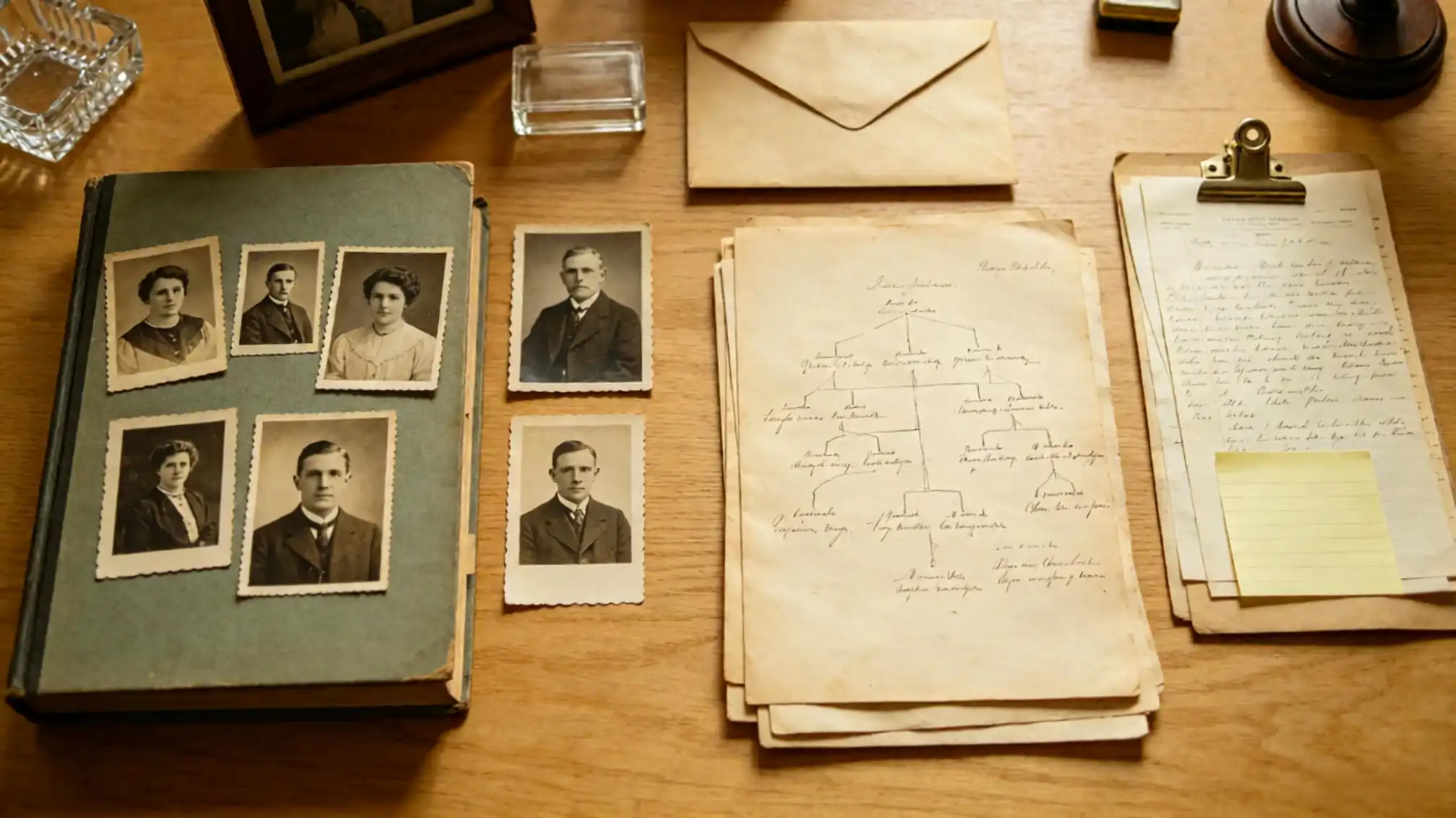 Ancestors in old family photographs arranged on a table for genealogy research