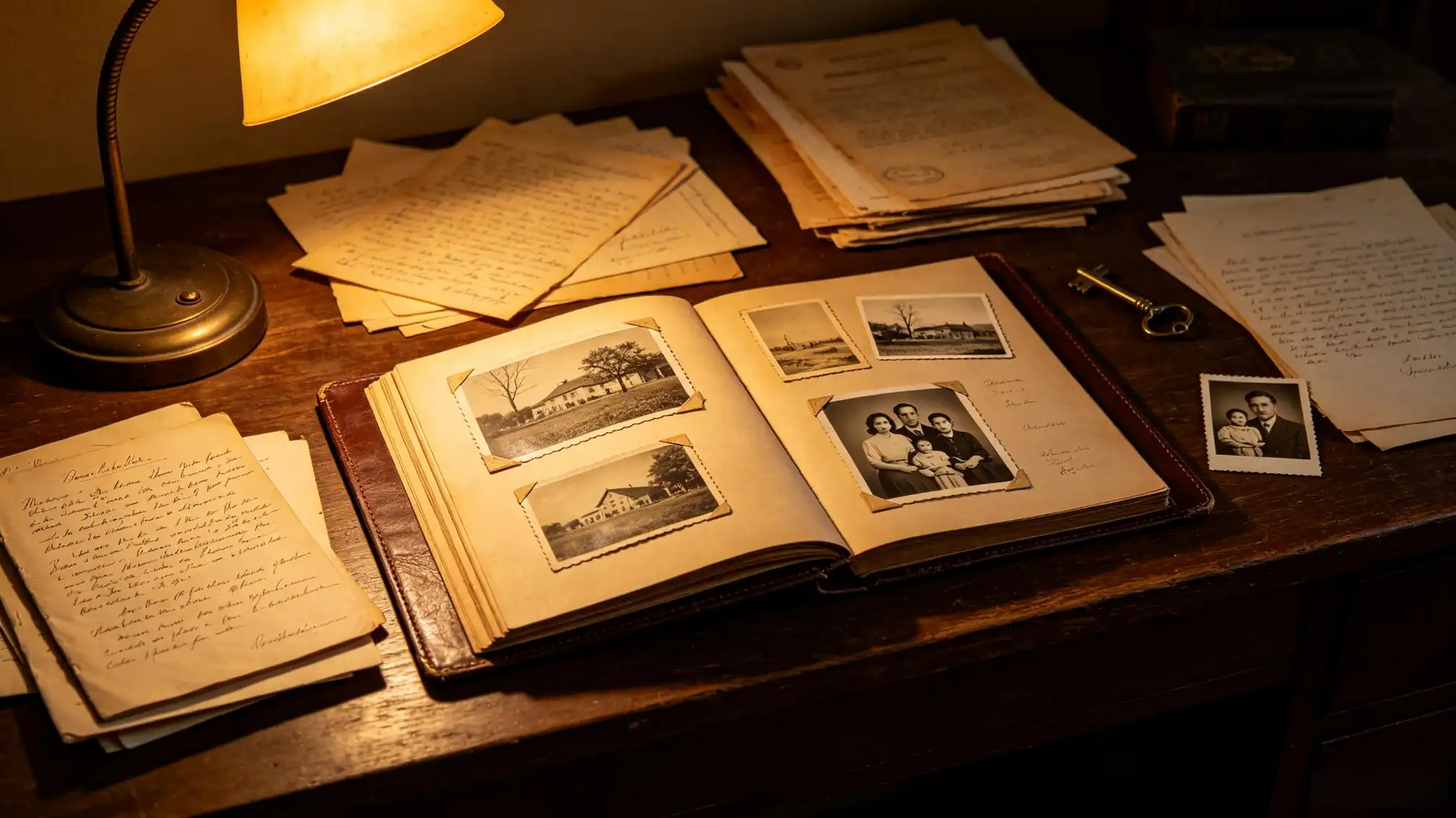 Old family photographs and documents used for tracing ancestors